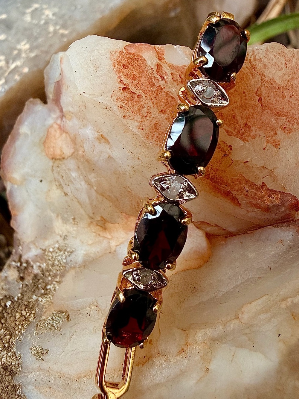 18K Gold Plated AAA Garnet & Diamond 7.3” Bracelet 3.05 CTW